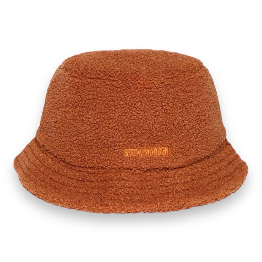 Steve Madden Sherpa Bucket Hat Satin Lining and Embroidered Logo Brown OS